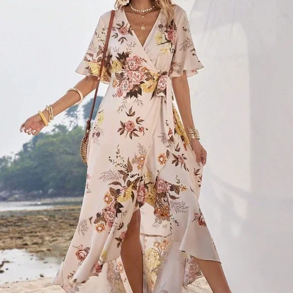 Apricot Boho Womens Floral Print Flounce Sleeve Ruffle Trim Wrap Knot Side Dress - Picture 5 of 5